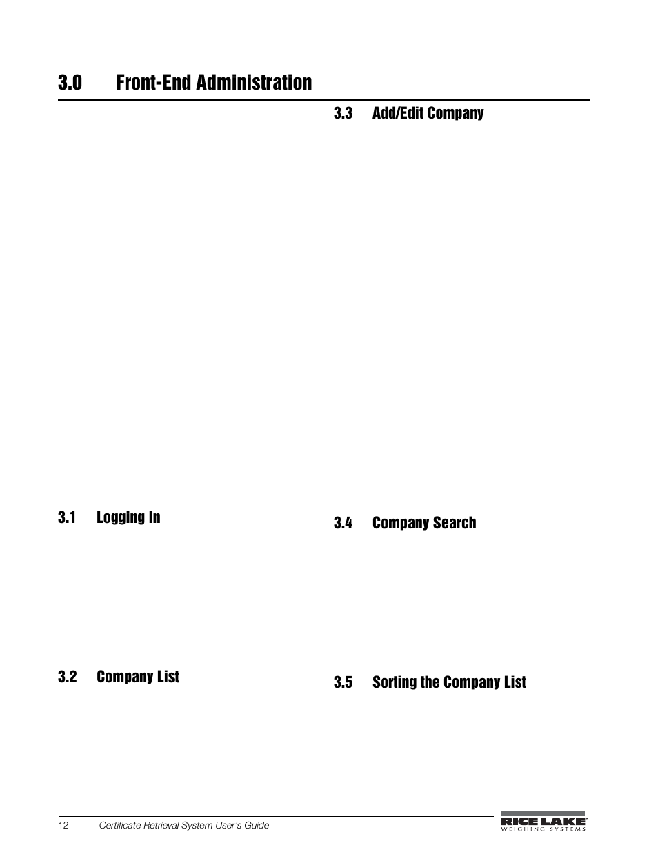 0 front-end administration, 1 logging in, 2 company list | 3 add/edit company, 4 company search, 5 sorting the company list | Rice Lake CRS-Certificate Retrieval System User Manual | Page 16 / 36