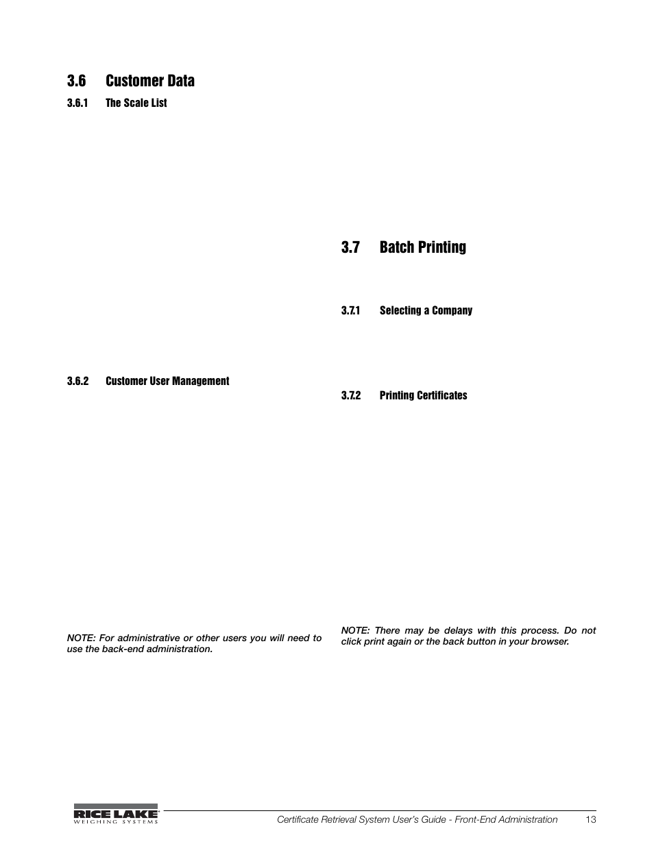 6 customer data, 1 the scale list, 2 customer user management | 7 batch printing, 1 selecting a company, 2 printing certificates, The scale list, Customer user management, Selecting a company, Printing certificates | Rice Lake CRS-Certificate Retrieval System User Manual | Page 17 / 36