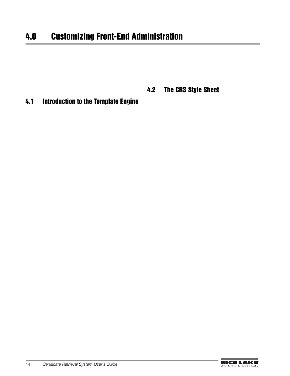 0 customizing front-end administration, 1 introduction to the template engine, 2 the crs style sheet | Rice Lake CRS-Certificate Retrieval System User Manual | Page 18 / 36