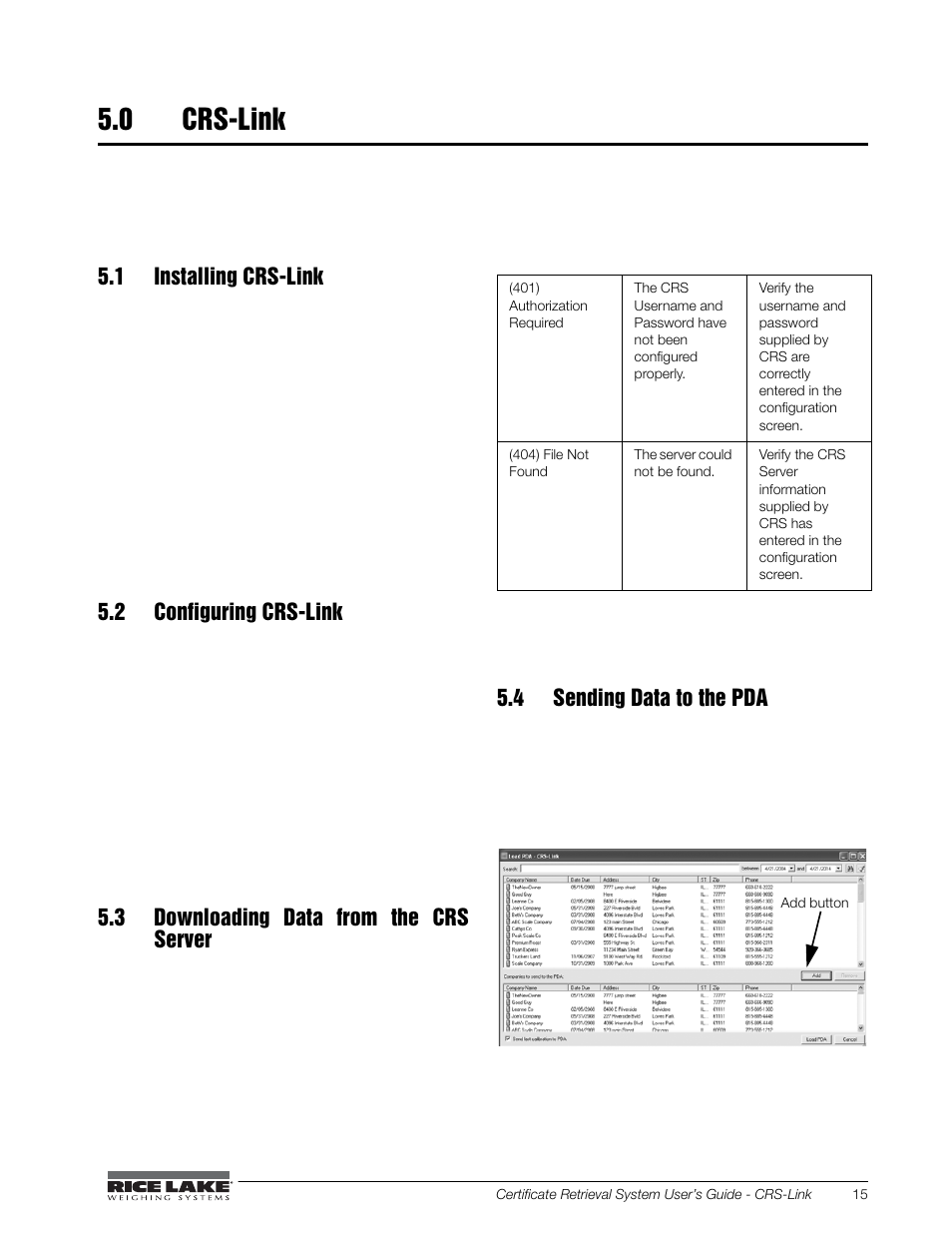 0 crs-link, 1 installing crs-link, 2 configuring crs-link | 3 downloading data from the crs server, 4 sending data to the pda | Rice Lake CRS-Certificate Retrieval System User Manual | Page 19 / 36