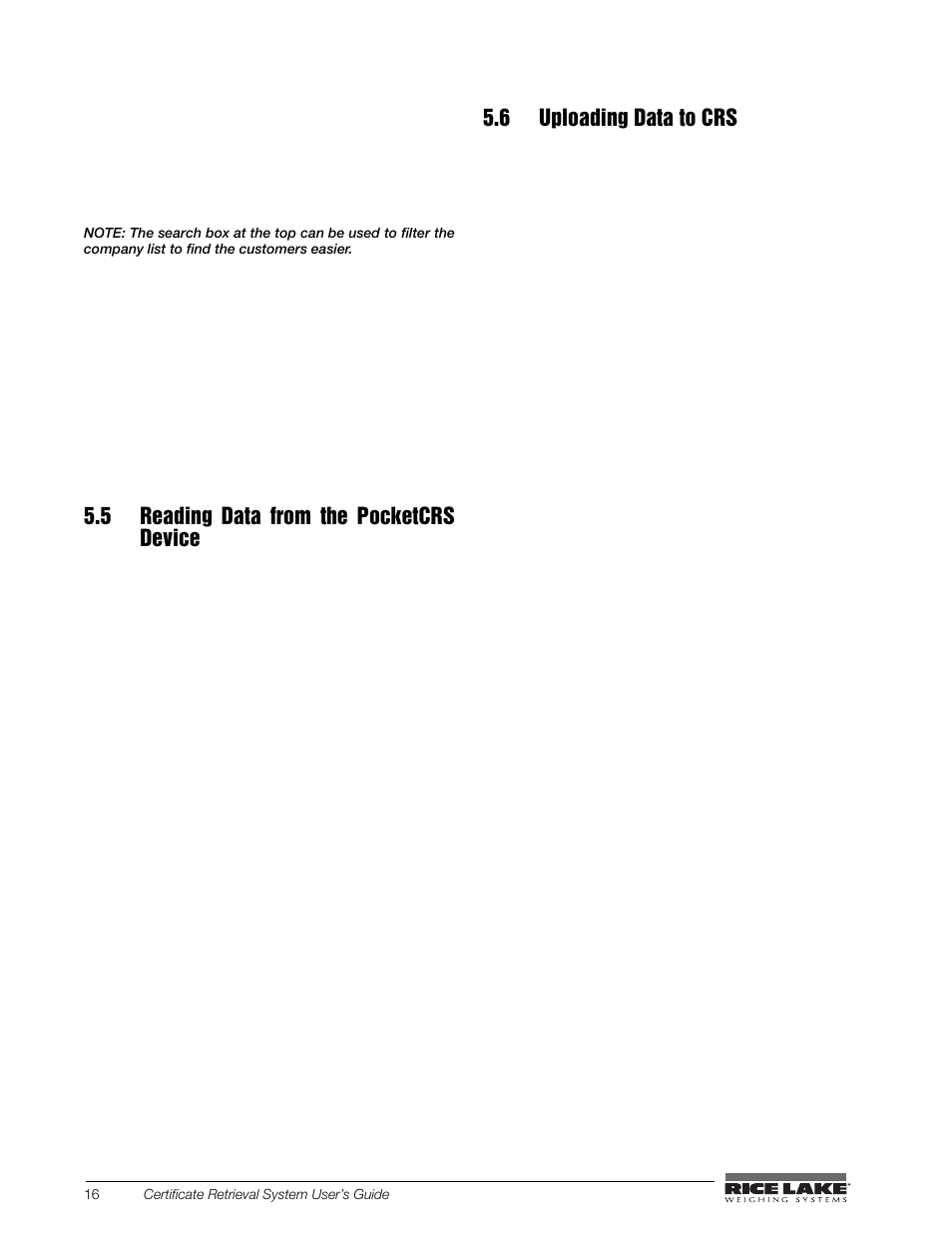 5 reading data from the pocketcrs device, 6 uploading data to crs | Rice Lake CRS-Certificate Retrieval System User Manual | Page 20 / 36