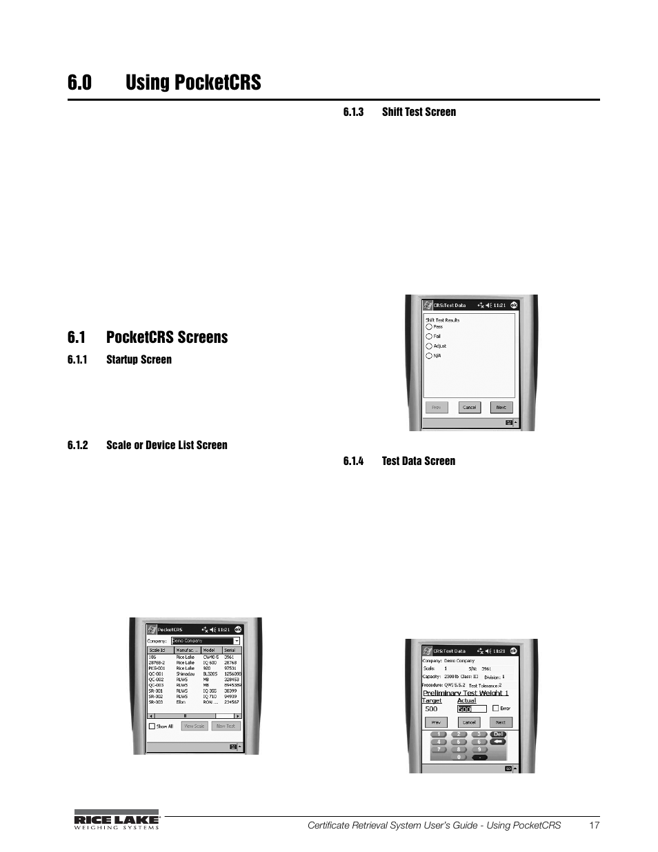 0 using pocketcrs, 1 pocketcrs screens, 1 startup screen | 2 scale or device list screen, 3 shift test screen, 4 test data screen, Startup screen, Scale or device list screen, Shift test screen, Test data screen | Rice Lake CRS-Certificate Retrieval System User Manual | Page 21 / 36