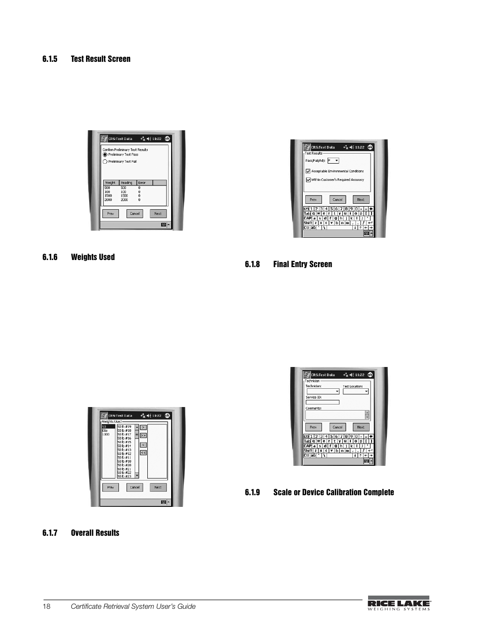 5 test result screen, 6 weights used, 7 overall results | 8 final entry screen, 9 scale or device calibration complete, Test result screen, Weights used, Overall results, Final entry screen, Scale or device calibration complete | Rice Lake CRS-Certificate Retrieval System User Manual | Page 22 / 36