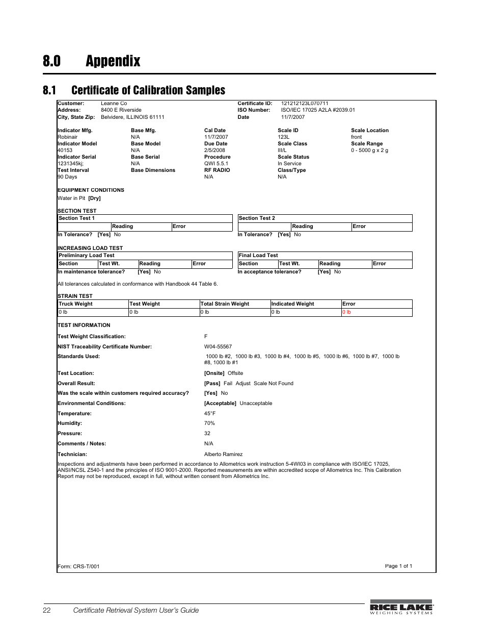 0 appendix, 1 certificate of calibration samples | Rice Lake CRS-Certificate Retrieval System User Manual | Page 26 / 36