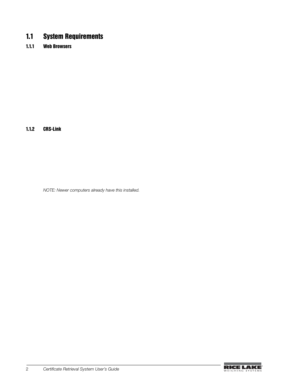 1 system requirements, 1 web browsers, 2 crs-link | Web browsers, Crs-link | Rice Lake CRS-Certificate Retrieval System User Manual | Page 6 / 36