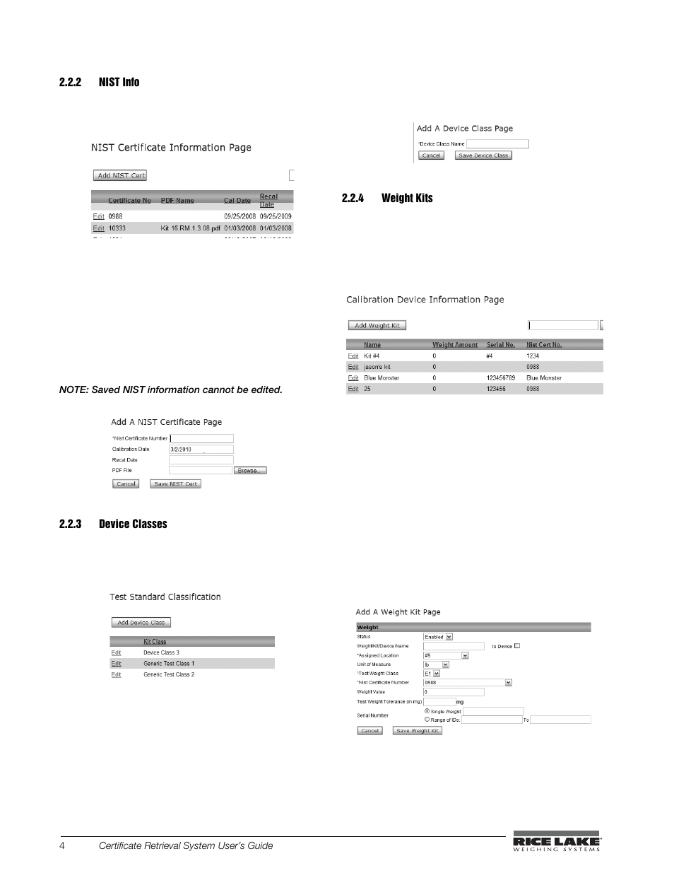 2 nist info, 3 device classes, 4 weight kits | Nist info, Device classes, Weight kits | Rice Lake CRS-Certificate Retrieval System User Manual | Page 8 / 36