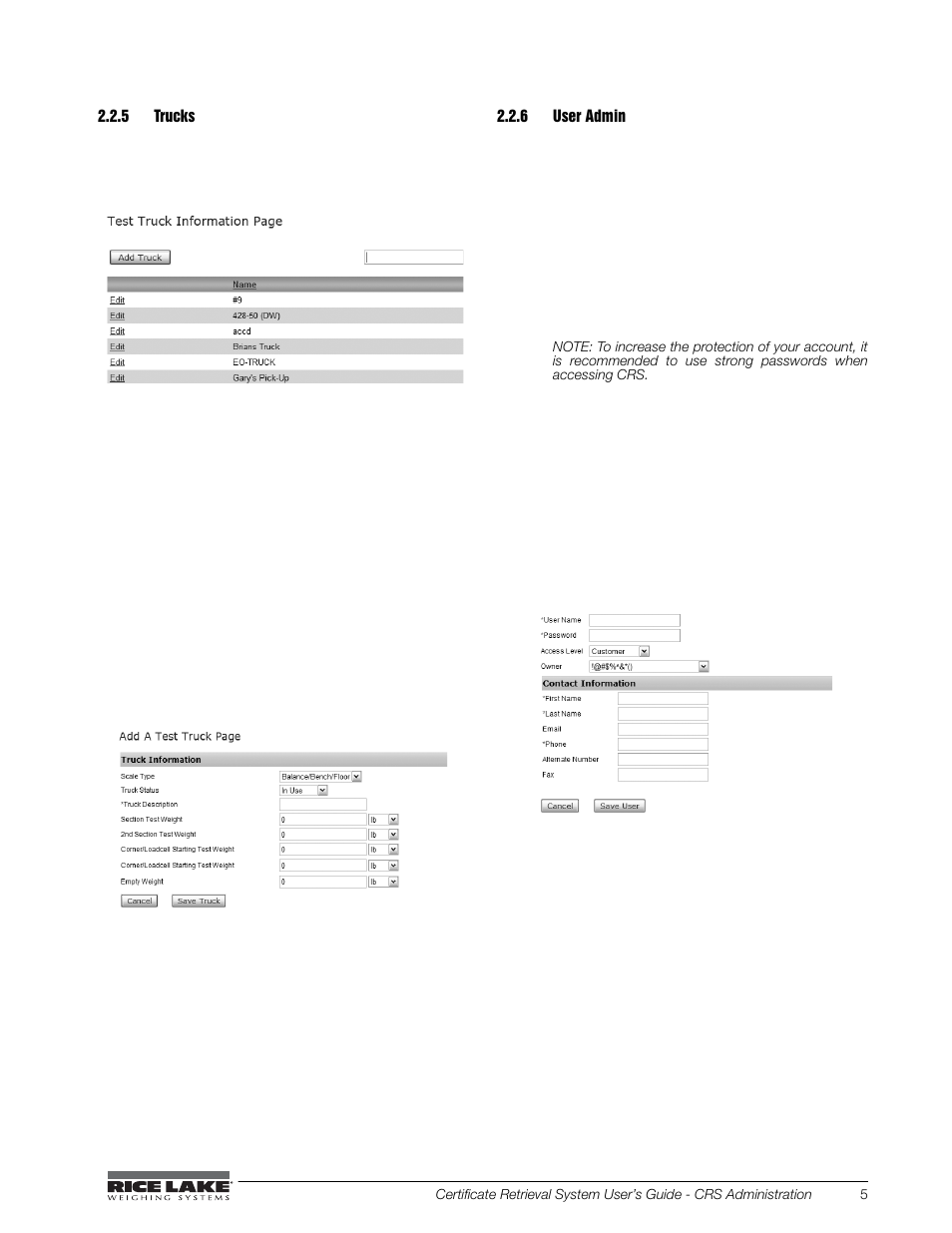 5 trucks, 6 user admin, Trucks | User admin | Rice Lake CRS-Certificate Retrieval System User Manual | Page 9 / 36