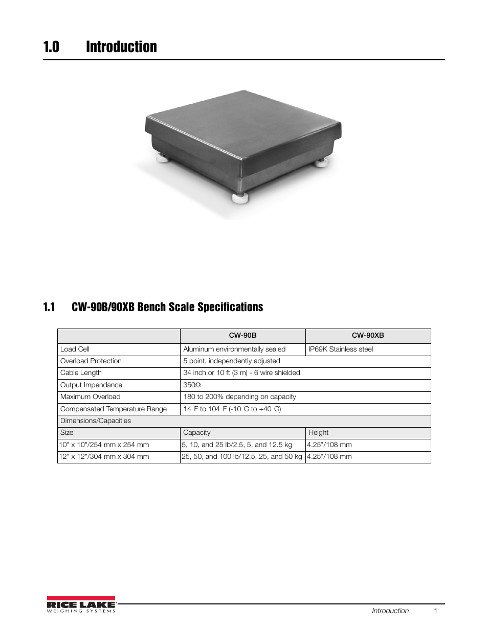 0 introduction, 1 cw-90b/90xb bench scale specifications, Introduction | Rice Lake CW-90X Base User Manual | Page 5 / 16