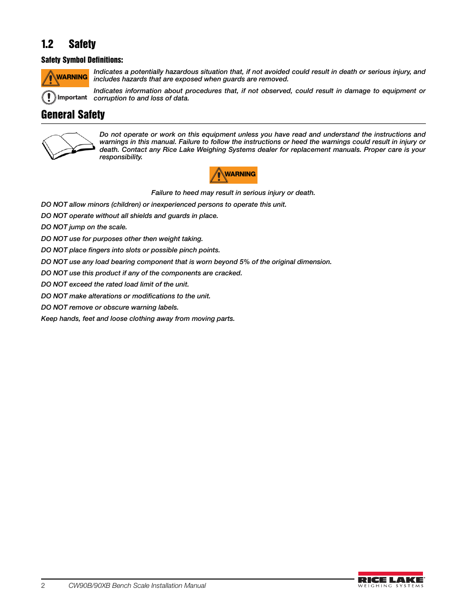 2 safety, General safety | Rice Lake CW-90X Base User Manual | Page 6 / 16