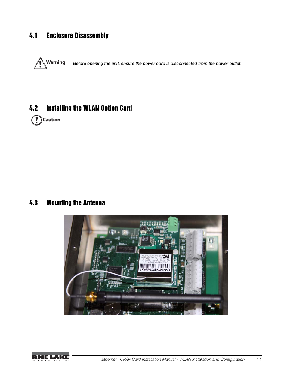 1 enclosure disassembly, 2 installing the wlan option card, 3 mounting the antenna | Rice Lake CW-90X Over/Under/Washdown Checkweigher - Ethernet User Manual | Page 15 / 38