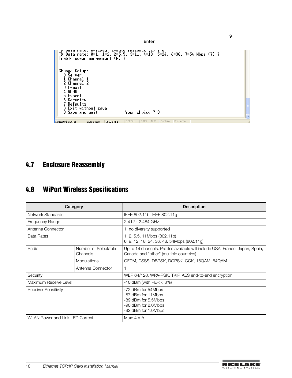 7 enclosure reassembly, 8 wiport wireless specifications | Rice Lake CW-90X Over/Under/Washdown Checkweigher - Ethernet User Manual | Page 22 / 38