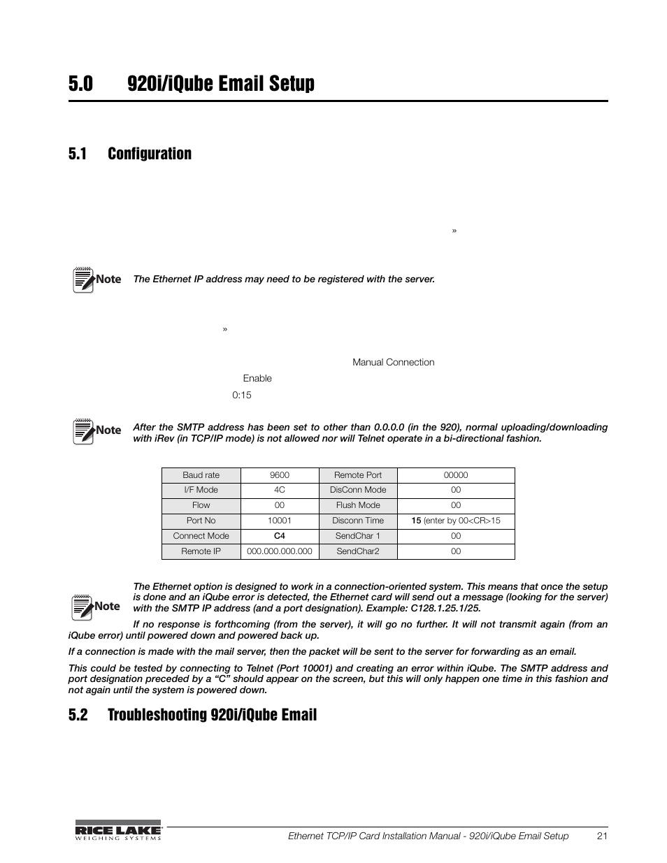 0 920i/iqube email setup, 1 configuration, 2 troubleshooting 920i/iqube email | 920i/iqube email setup | Rice Lake CW-90X Over/Under/Washdown Checkweigher - Ethernet User Manual | Page 25 / 38