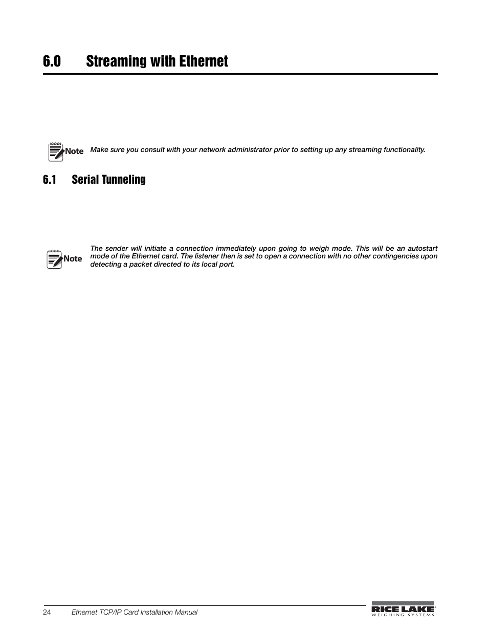 0 streaming with ethernet, 1 serial tunneling, Streaming with ethernet | Rice Lake CW-90X Over/Under/Washdown Checkweigher - Ethernet User Manual | Page 28 / 38