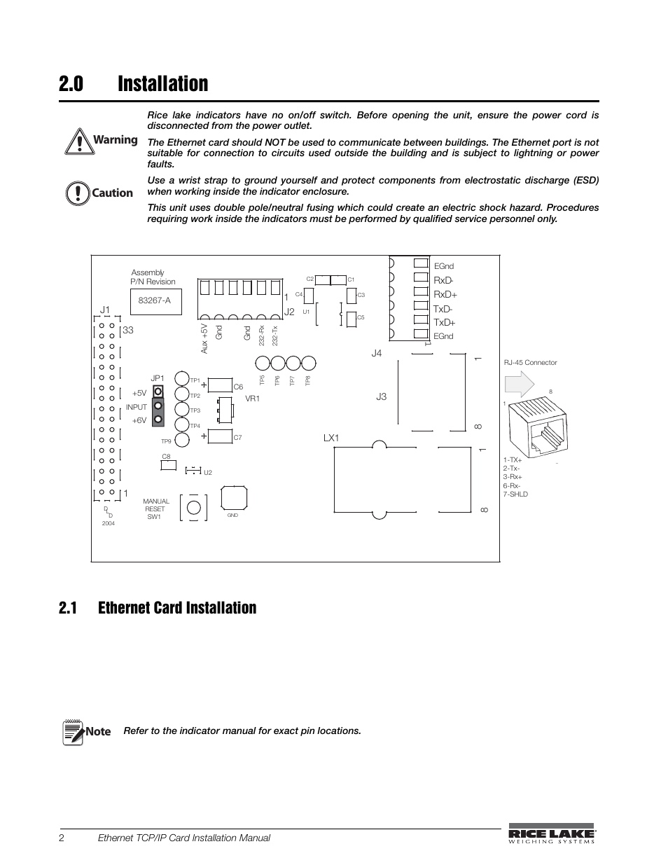 0 installation, 1 ethernet card installation, Installation | Rice Lake CW-90X Over/Under/Washdown Checkweigher - Ethernet User Manual | Page 6 / 38