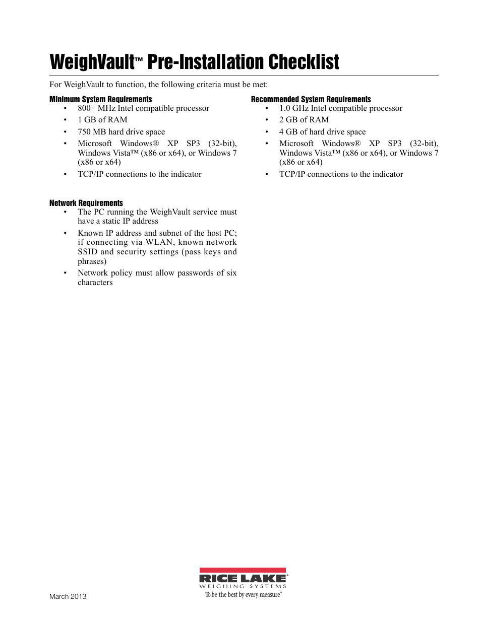 Rice Lake WeighVault for CW-90/CW-90X - Pre-installation Checklist User Manual | 1 page