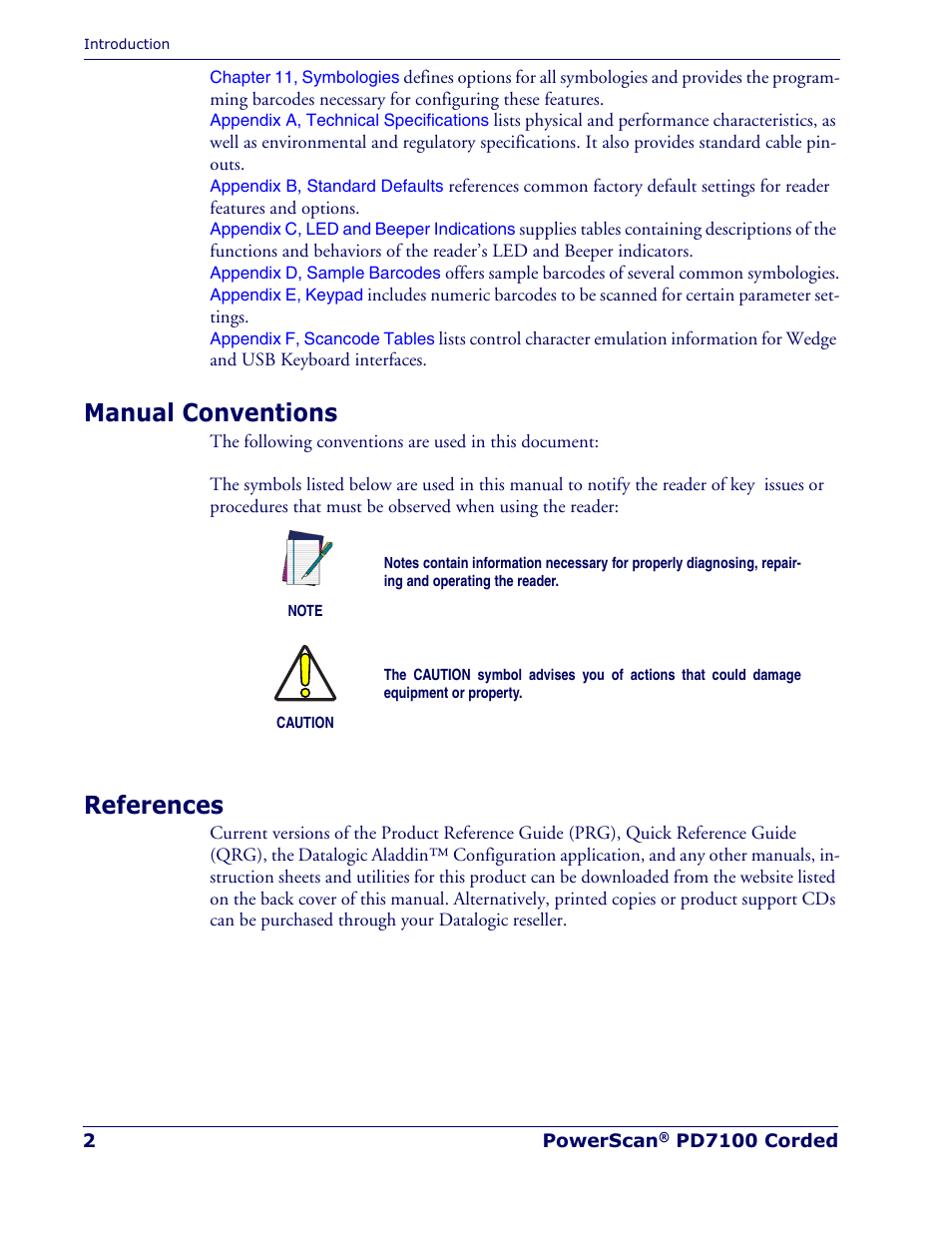 Manual conventions, References, Manual conventions references | Rice Lake Datalogic PowerScan PD7100 Series Laser Scanner User Manual | Page 10 / 324