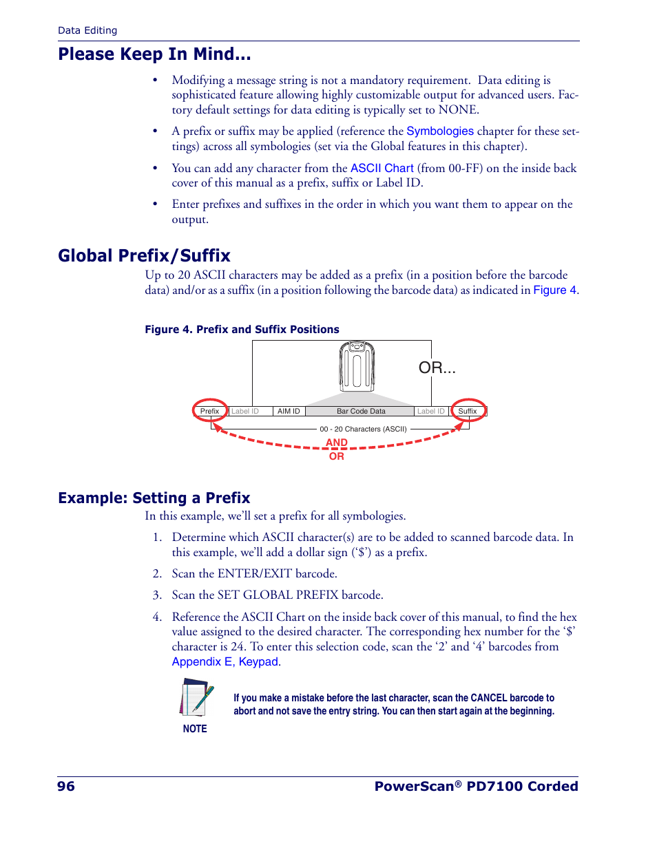 Please keep in mind, Global prefix/suffix, Example: setting a prefix | Please keep in mind global prefix/suffix | Rice Lake Datalogic PowerScan PD7100 Series Laser Scanner User Manual | Page 104 / 324