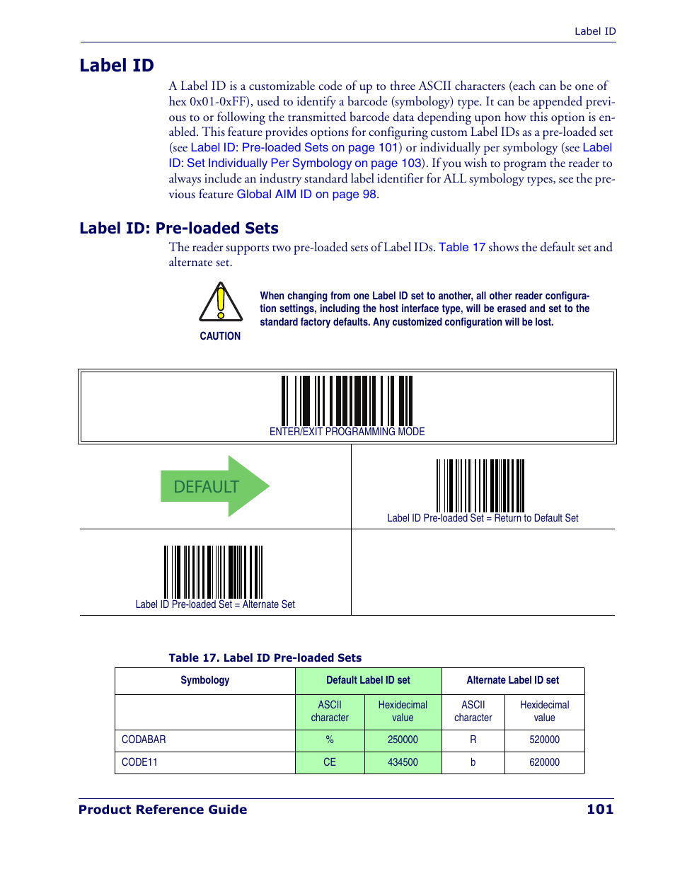 Label id, Label id: pre-loaded sets, Default | Rice Lake Datalogic PowerScan PD7100 Series Laser Scanner User Manual | Page 109 / 324