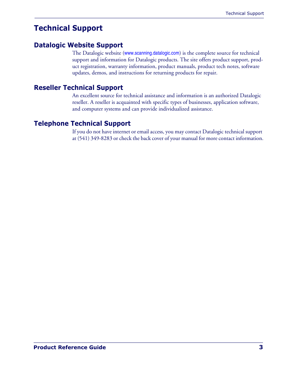Technical support, Datalogic website support, Reseller technical support | Telephone technical support | Rice Lake Datalogic PowerScan PD7100 Series Laser Scanner User Manual | Page 11 / 324