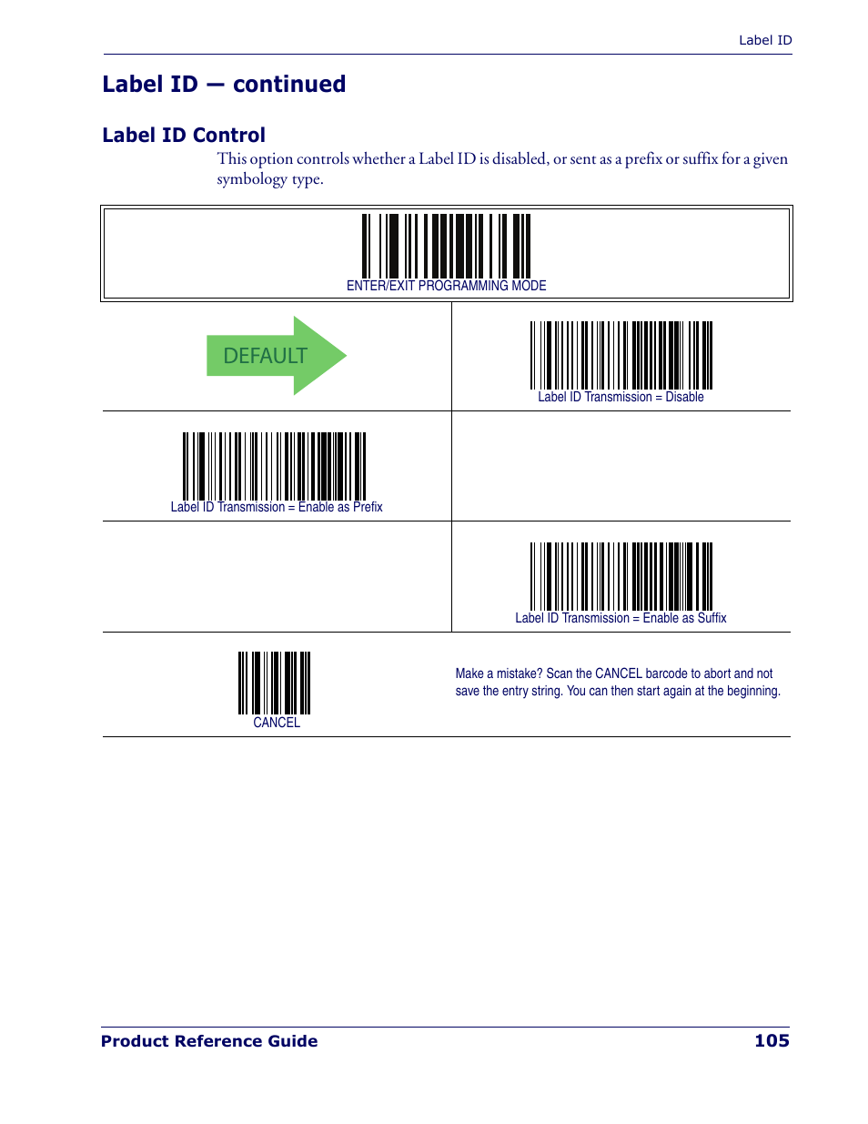 Label id control, Ode in the section, Label id control on | Default, Label id — continued | Rice Lake Datalogic PowerScan PD7100 Series Laser Scanner User Manual | Page 113 / 324