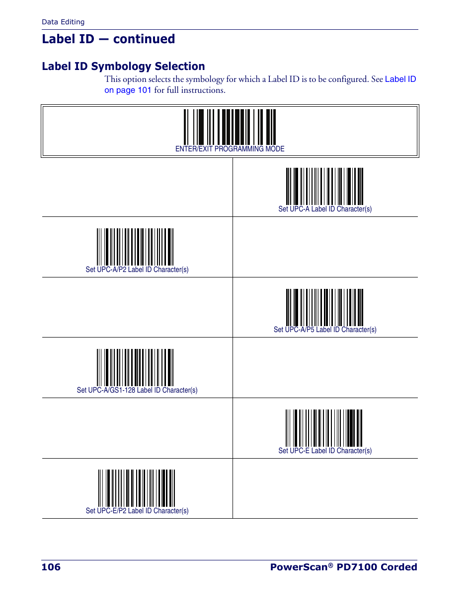 Label id symbology selection, Label id symbology, Label id — continued | Rice Lake Datalogic PowerScan PD7100 Series Laser Scanner User Manual | Page 114 / 324