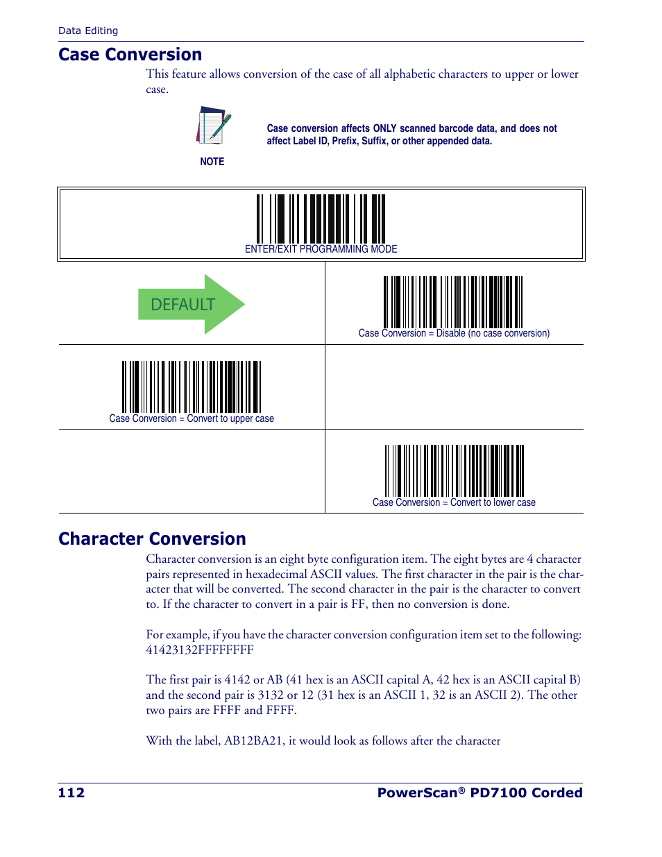 Case conversion, Character conversion, Case conversion character conversion | Default | Rice Lake Datalogic PowerScan PD7100 Series Laser Scanner User Manual | Page 120 / 324