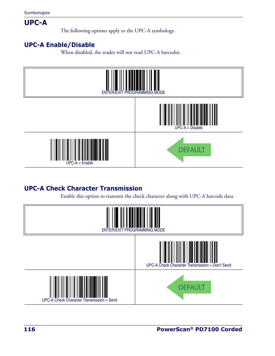 Upc-a, Upc-a enable/disable, Upc-a check character transmission | Default | Rice Lake Datalogic PowerScan PD7100 Series Laser Scanner User Manual | Page 124 / 324