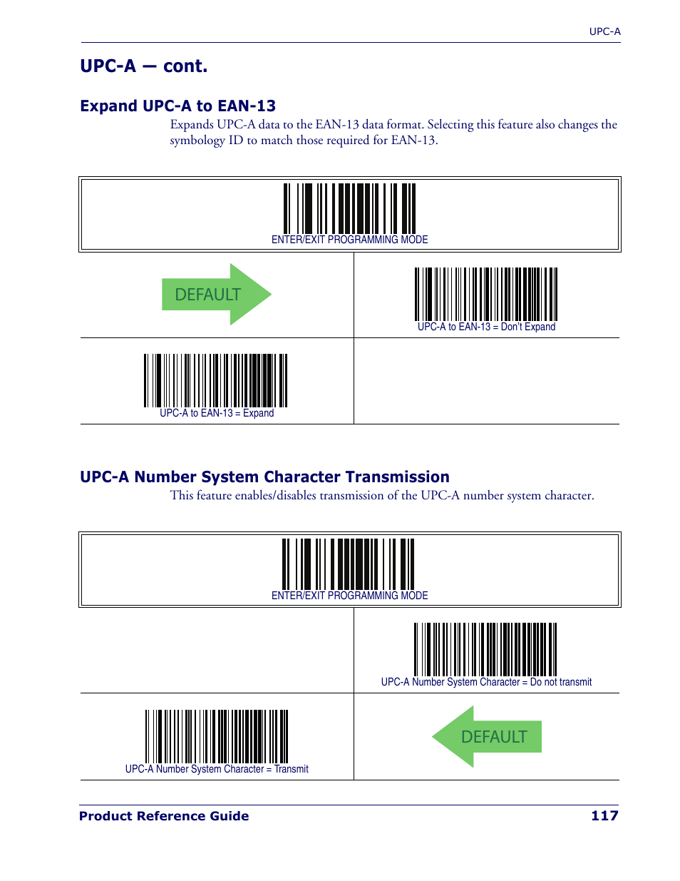 Expand upc-a to ean-13, Upc-a number system character transmission, Default | Upc-a — cont | Rice Lake Datalogic PowerScan PD7100 Series Laser Scanner User Manual | Page 125 / 324