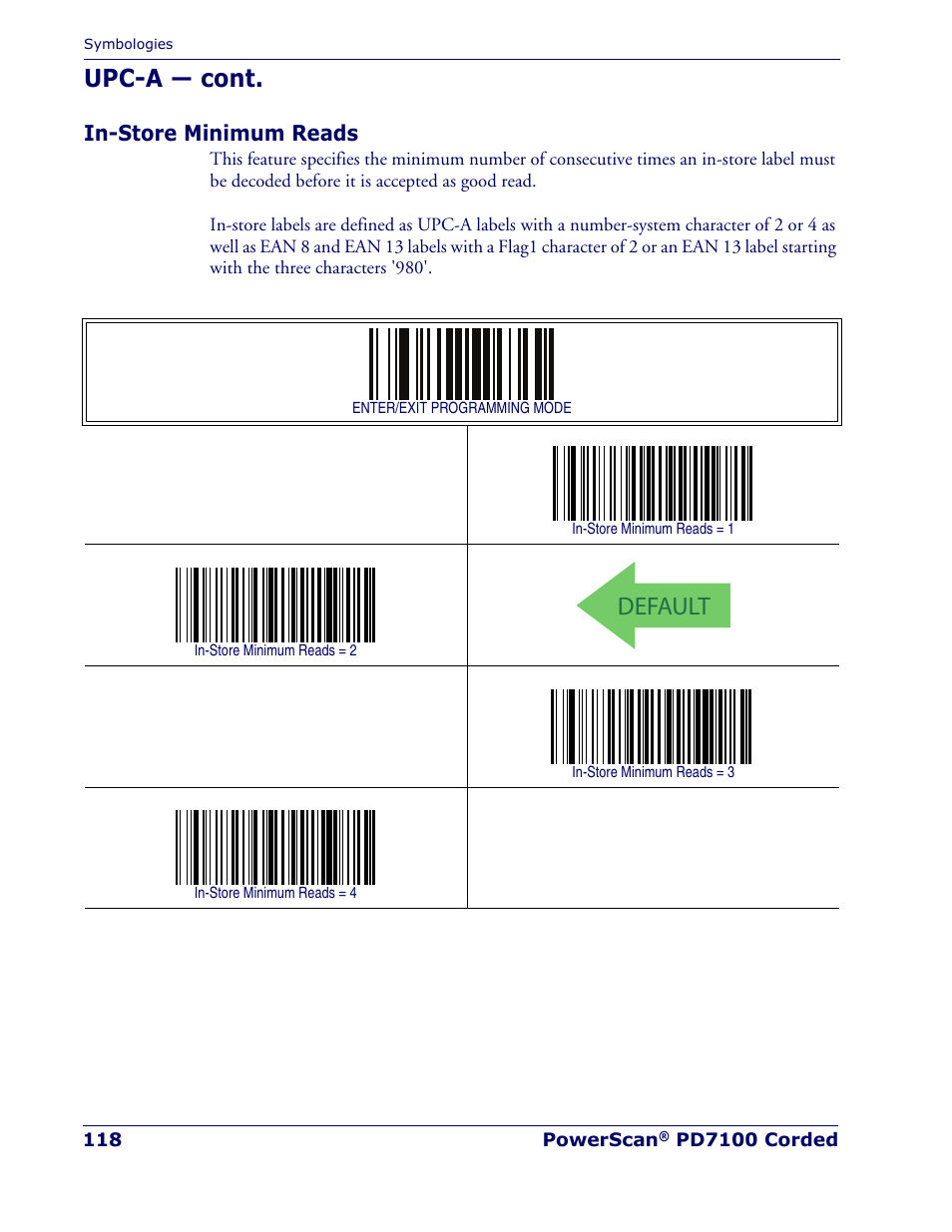 In-store minimum reads, Default, Upc-a — cont | Rice Lake Datalogic PowerScan PD7100 Series Laser Scanner User Manual | Page 126 / 324