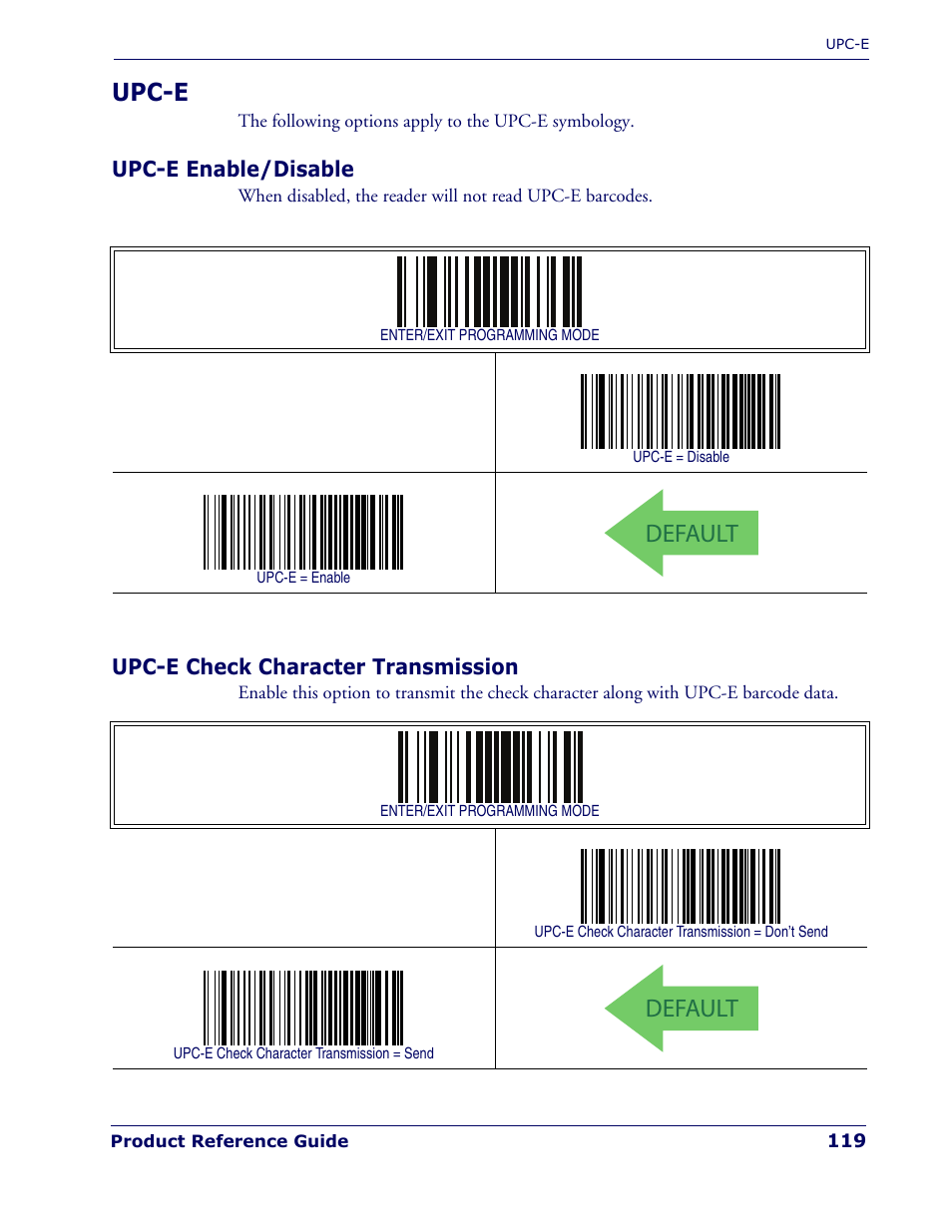 Upc-e, Upc-e enable/disable, Upc-e check character transmission | Default | Rice Lake Datalogic PowerScan PD7100 Series Laser Scanner User Manual | Page 127 / 324