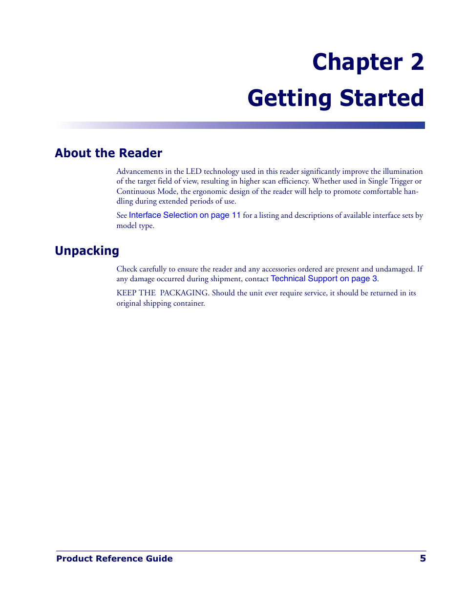 Getting started, About the reader, Unpacking | Chapter 2. getting started, About the reader unpacking, Chapter 2, getting started, Chapter 2 getting started | Rice Lake Datalogic PowerScan PD7100 Series Laser Scanner User Manual | Page 13 / 324