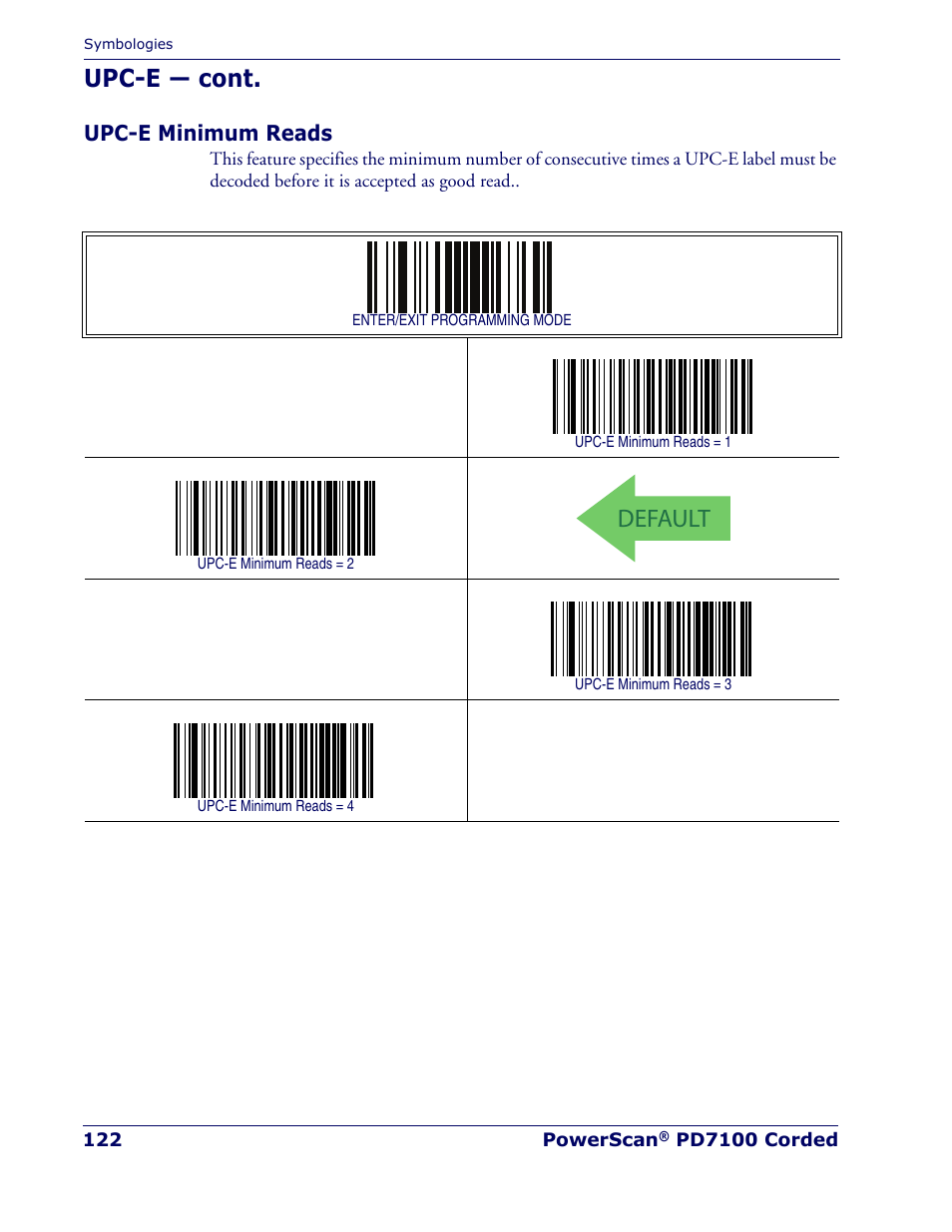 Upc-e minimum reads, Default, Upc-e — cont | Rice Lake Datalogic PowerScan PD7100 Series Laser Scanner User Manual | Page 130 / 324