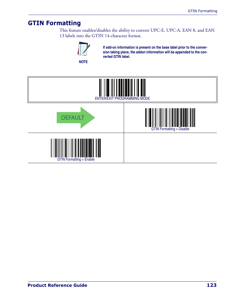 Gtin formatting, Default | Rice Lake Datalogic PowerScan PD7100 Series Laser Scanner User Manual | Page 131 / 324