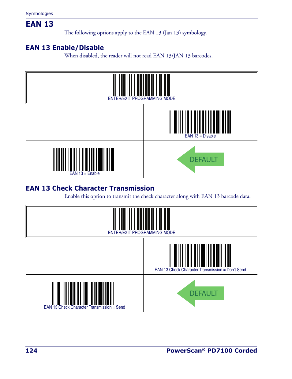 Ean 13, Ean 13 enable/disable, Ean 13 check character transmission | Default | Rice Lake Datalogic PowerScan PD7100 Series Laser Scanner User Manual | Page 132 / 324