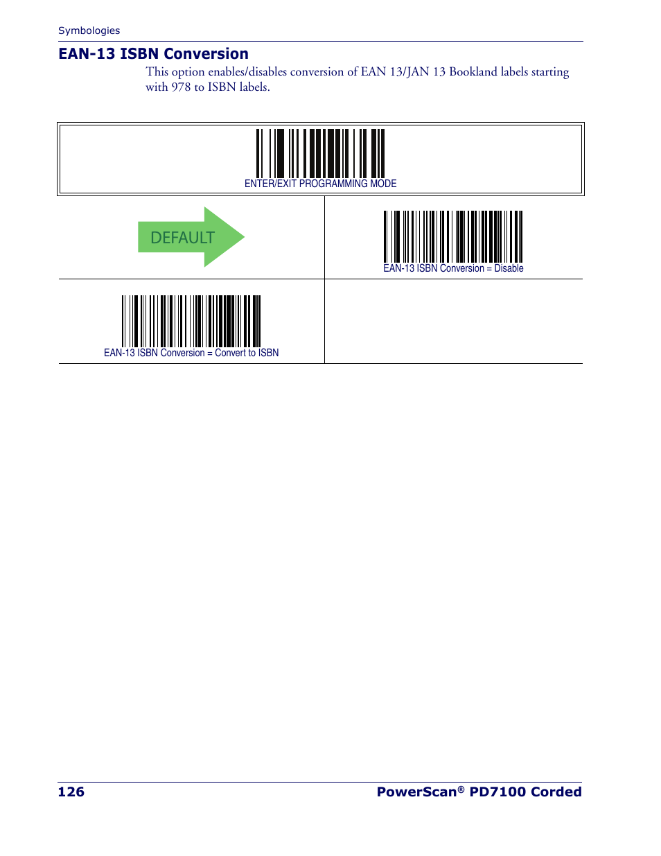 Ean-13 isbn conversion, Default | Rice Lake Datalogic PowerScan PD7100 Series Laser Scanner User Manual | Page 134 / 324