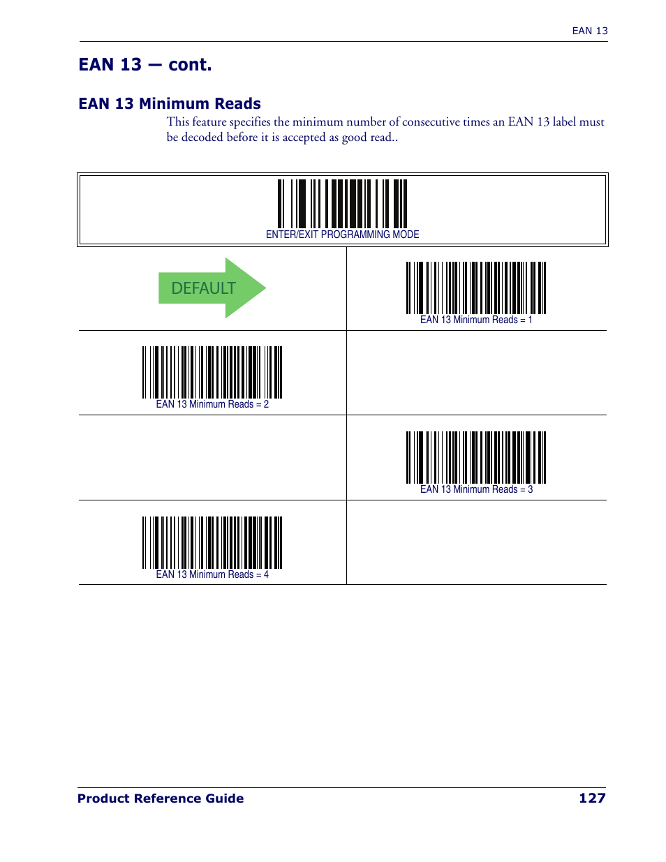 Ean 13 minimum reads, Default, Ean 13 — cont | Rice Lake Datalogic PowerScan PD7100 Series Laser Scanner User Manual | Page 135 / 324