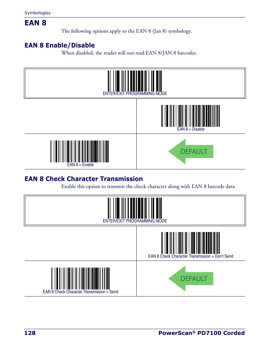 Ean 8, Ean 8 enable/disable, Ean 8 check character transmission | Default | Rice Lake Datalogic PowerScan PD7100 Series Laser Scanner User Manual | Page 136 / 324