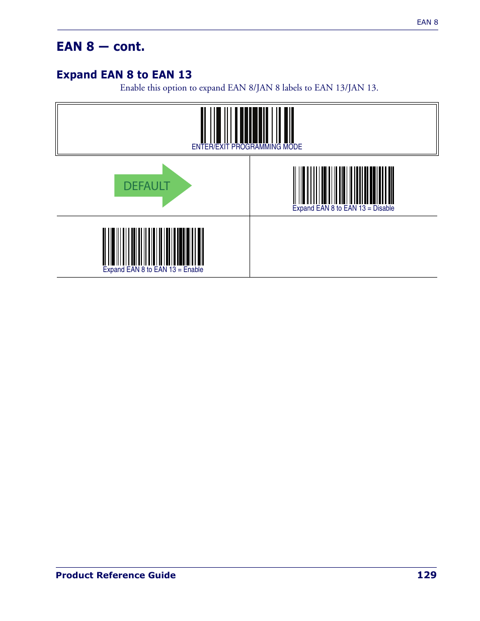 Expand ean 8 to ean 13, Default, Ean 8 — cont | Rice Lake Datalogic PowerScan PD7100 Series Laser Scanner User Manual | Page 137 / 324