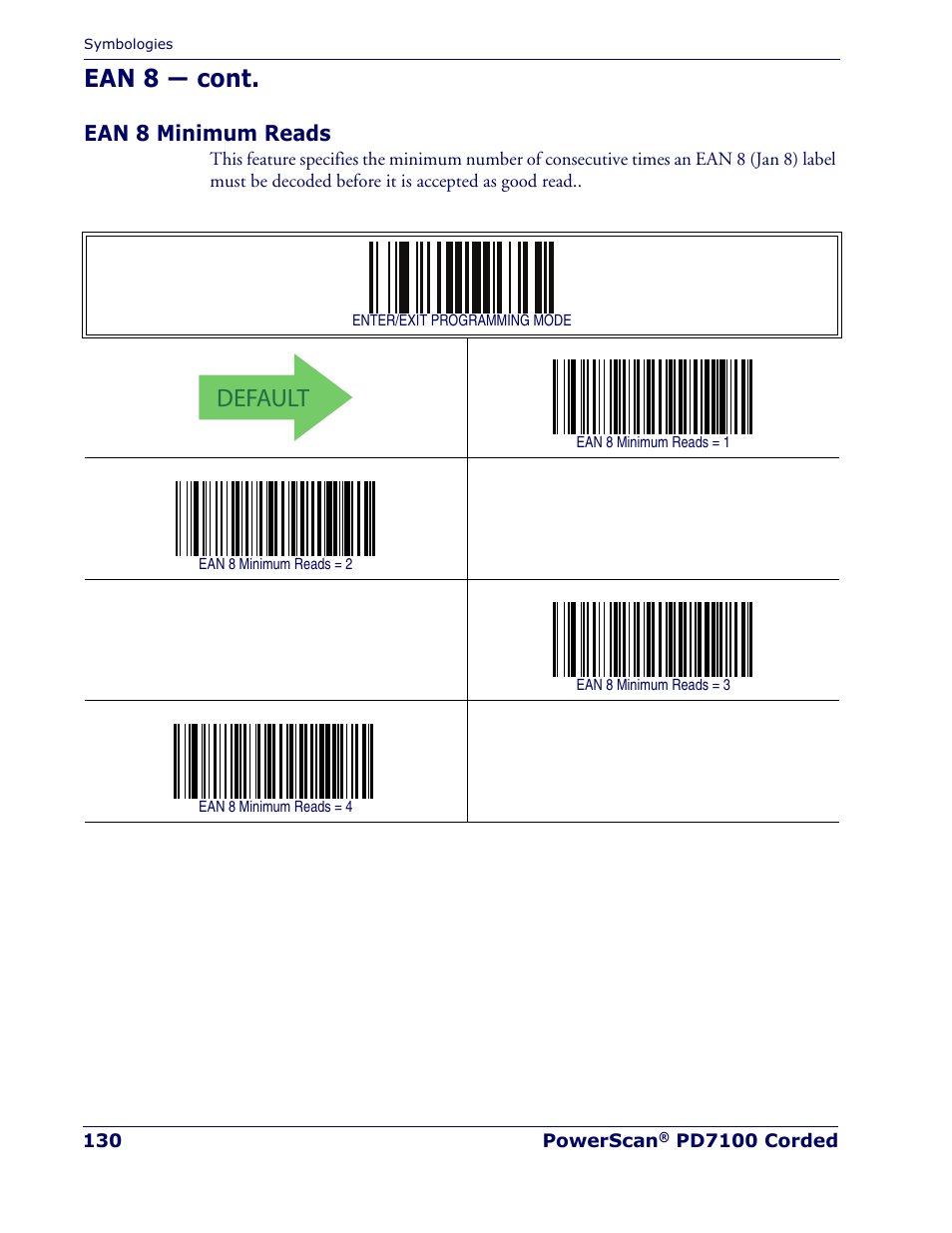 Ean 8 minimum reads, Default, Ean 8 — cont | Rice Lake Datalogic PowerScan PD7100 Series Laser Scanner User Manual | Page 138 / 324