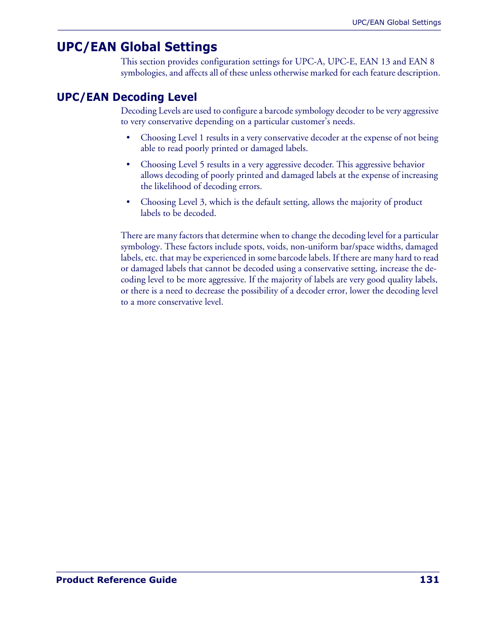 Upc/ean global settings, Upc/ean decoding level | Rice Lake Datalogic PowerScan PD7100 Series Laser Scanner User Manual | Page 139 / 324