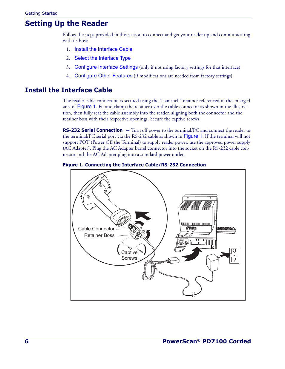 Setting up the reader, Install the interface cable | Rice Lake Datalogic PowerScan PD7100 Series Laser Scanner User Manual | Page 14 / 324