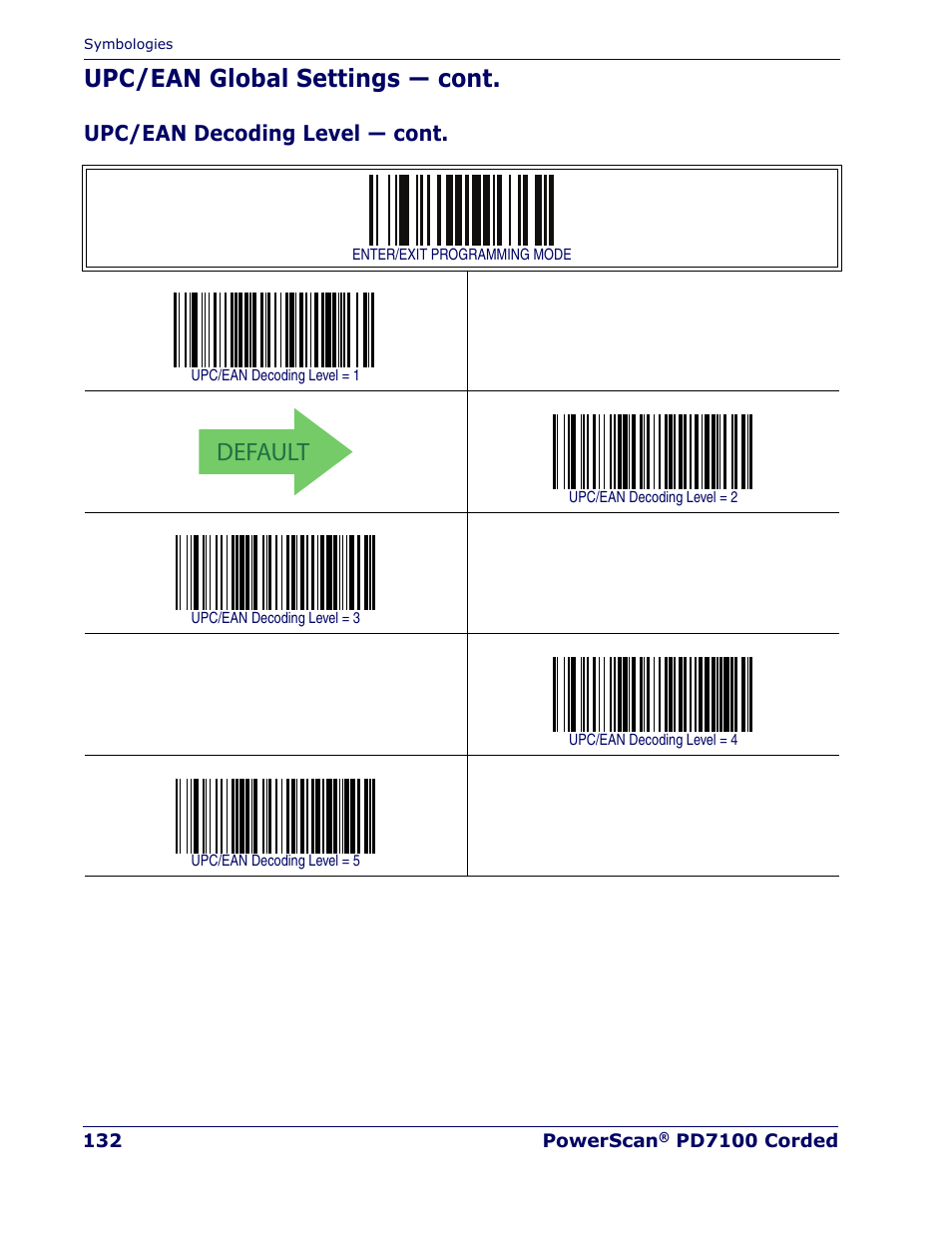 Default, Upc/ean global settings — cont, Upc/ean decoding level — cont | Rice Lake Datalogic PowerScan PD7100 Series Laser Scanner User Manual | Page 140 / 324