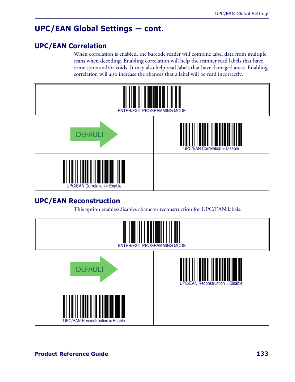 Upc/ean correlation, Upc/ean reconstruction, Upc/ean correlation upc/ean reconstruction | Default, Upc/ean global settings — cont | Rice Lake Datalogic PowerScan PD7100 Series Laser Scanner User Manual | Page 141 / 324