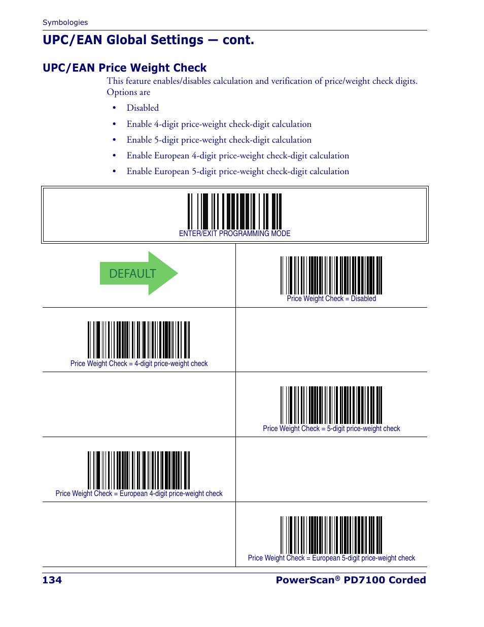 Upc/ean price weight check, Default, Upc/ean global settings — cont | Rice Lake Datalogic PowerScan PD7100 Series Laser Scanner User Manual | Page 142 / 324