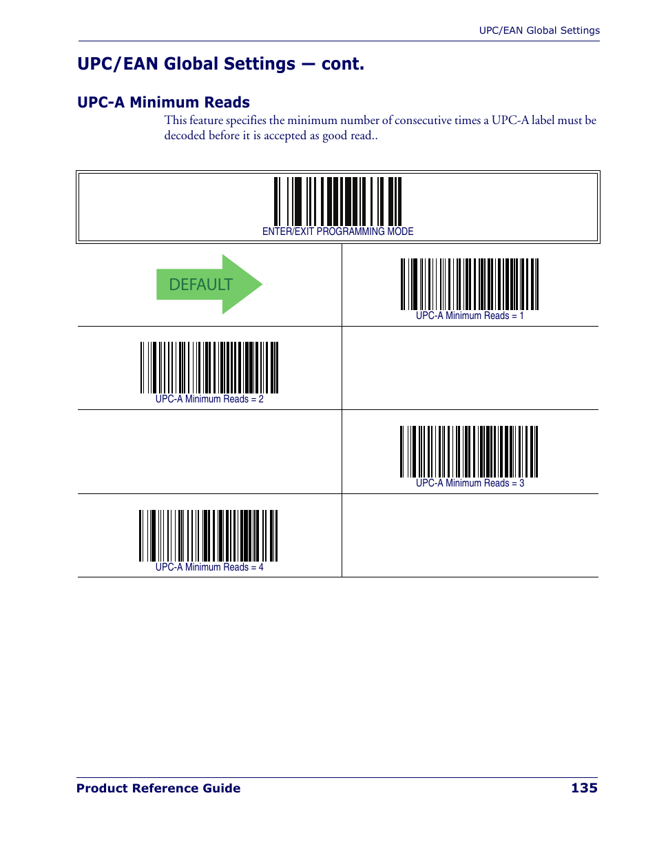 Upc-a minimum reads, Default, Upc/ean global settings — cont | Rice Lake Datalogic PowerScan PD7100 Series Laser Scanner User Manual | Page 143 / 324