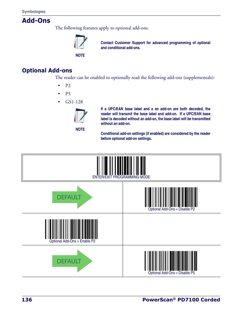 Add-ons, Optional add-ons, Default | Rice Lake Datalogic PowerScan PD7100 Series Laser Scanner User Manual | Page 144 / 324