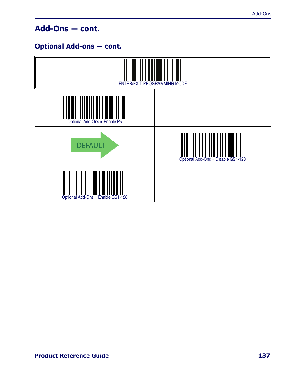 Default, Add-ons — cont | Rice Lake Datalogic PowerScan PD7100 Series Laser Scanner User Manual | Page 145 / 324