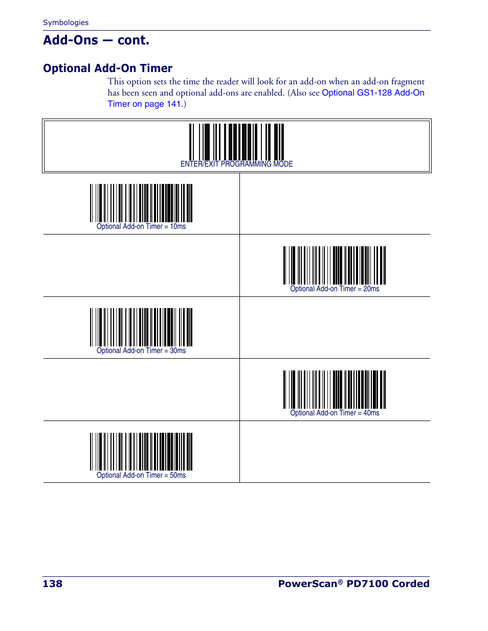 Optional add-on timer, Add-ons — cont | Rice Lake Datalogic PowerScan PD7100 Series Laser Scanner User Manual | Page 146 / 324