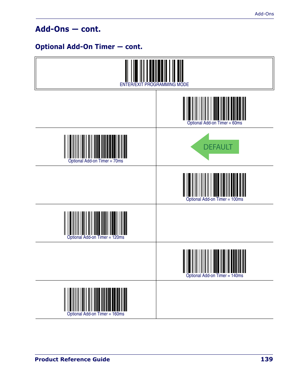 Default, Add-ons — cont, Optional add-on timer — cont | Rice Lake Datalogic PowerScan PD7100 Series Laser Scanner User Manual | Page 147 / 324