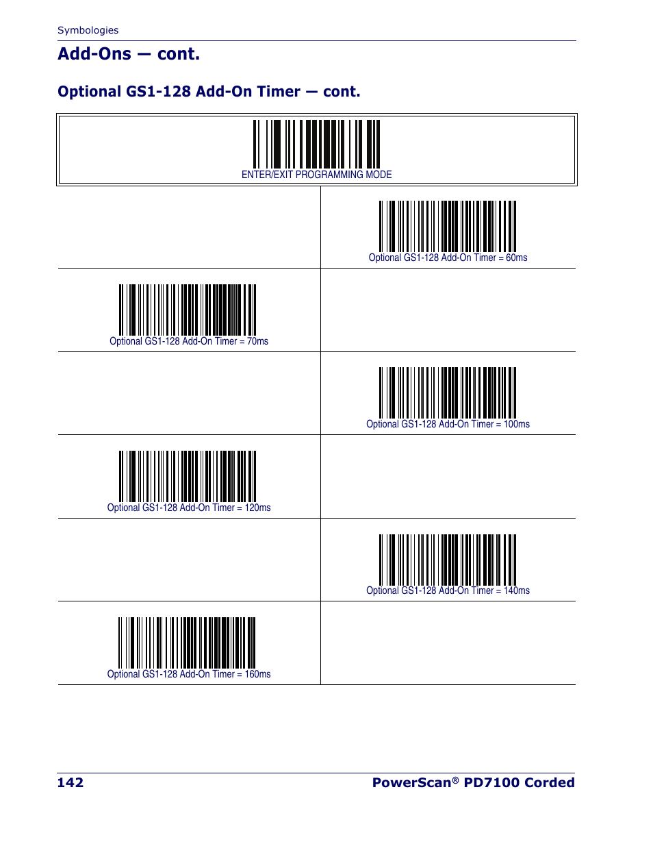 Add-ons — cont, Optional gs1-128 add-on timer — cont | Rice Lake Datalogic PowerScan PD7100 Series Laser Scanner User Manual | Page 150 / 324